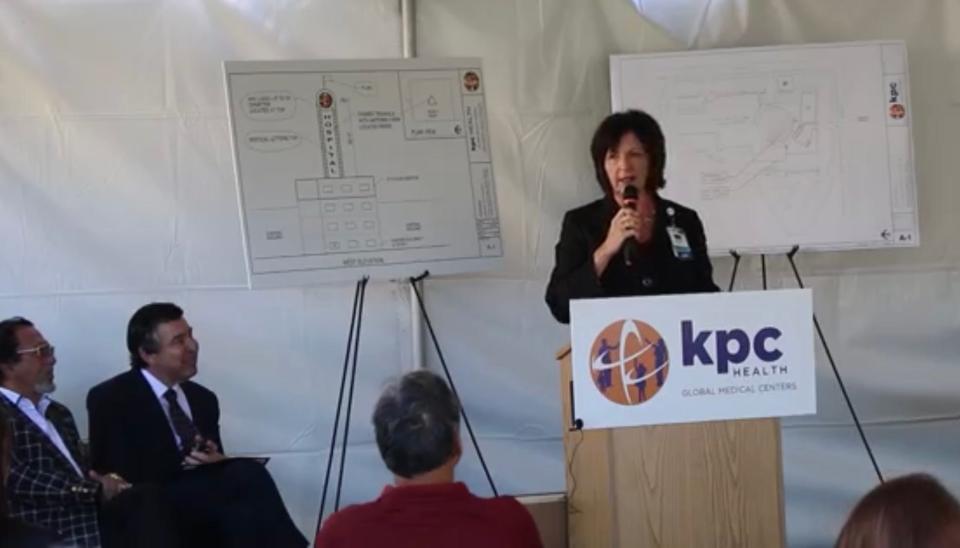 Victor Valley Medical Center CEO Marilyn Drone addresses the audience before the groundbreaking of the center’s emergency services department at the campus on Eleventh Street in Victorville.