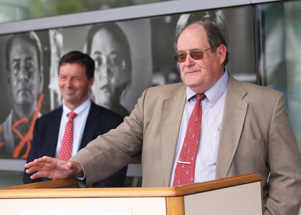 New Hampshire state Sen. James Gray, R-Rochester, speaks Friday, July 22, 2022 outside Frisbie Memorial Hospita about a new law idesigned to be the start of a health-care facility workplace violence prevention program. At left is state Sen. Tom Sherman, D-Rye, a medical doctor and candidate for governor.