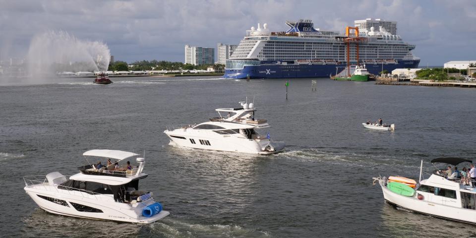 the Celebrity Edge sailing away from Port Everglades in Florida with other boats nearby.