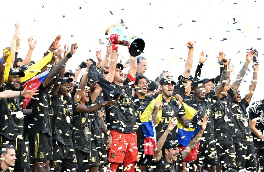 Los Angeles, California November 5, 2022-LAFC players celebrate the MLS Cup.