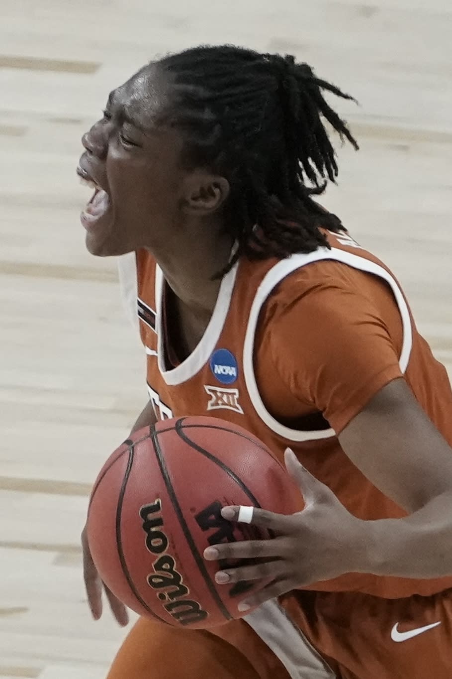 Texas's Joanne Allen-Taylor reacts to a call during the first half of an NCAA college basketball game against Maryland in the Sweet 16 round of the Women's NCAA tournament Sunday, March 28, 2021, at the Alamodome in San Antonio. (AP Photo/Morry Gash)