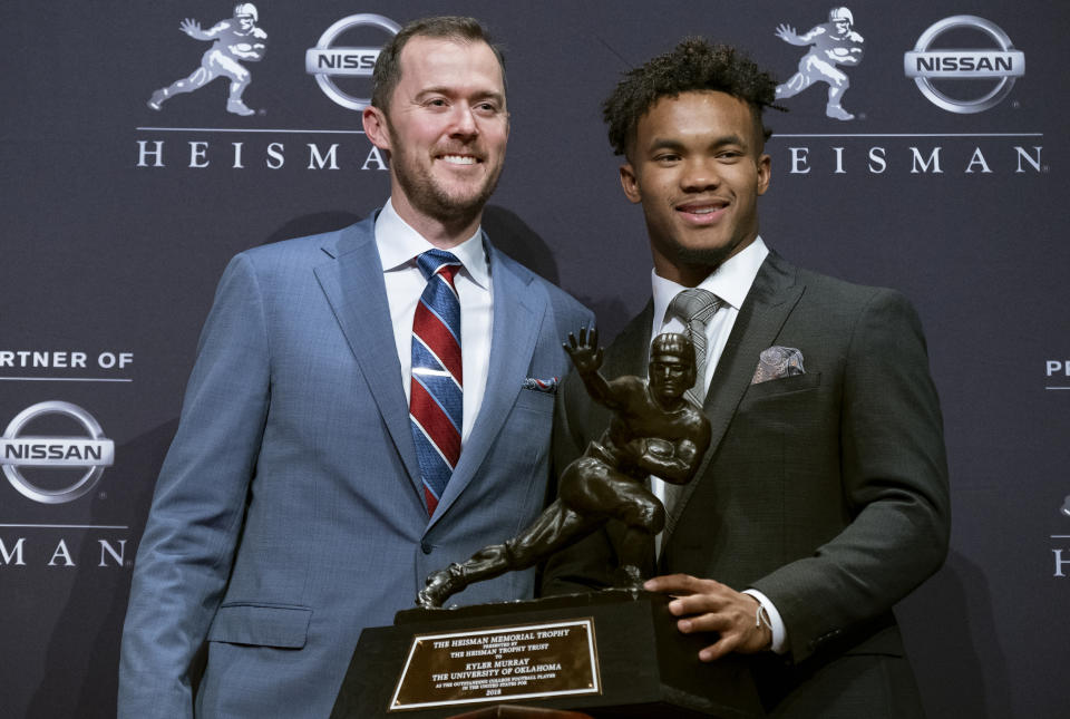 Lincoln Riley, left, has coached two Heisman-winning quarterbacks, including Kyler Murray, right. If Caleb Williams wins this year, Riley will become the first to coach three Heisman-winning QBs. (AP Photo/Craig Ruttle)