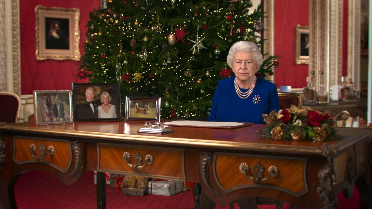 The fake queen delivered her "Alternative Christmas Message" for 2020 in a still shared by Channel 4. (Photo: Channel 4)