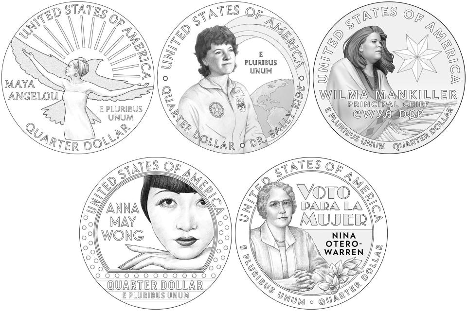 Maya Angelou, Dr. Sally Ride, Wilma Mankiller, Anna May Wong and Nina Otero-Warren are seen on the new designs for the "American Women Quarters." The American Women Quarters Program is a four-year program that celebrates the accomplishments and contributions made by women to the development and history of our country. Beginning in 2022, and continuing through 2025, the U.S. Mint will issue up to five new reverse designs each year. The obverse of each coin will maintain a likeness of George Washington, but is different from the design used during the previous quarter program.The American Women Quarters may feature contributions from a variety of fields, including, but not limited to, suffrage, civil rights, abolition, government, humanities, science, space, and the arts. The women honored will be from ethnically, racially, and geographically diverse backgrounds. The Public Law requires that no living person be featured in the coin designs.