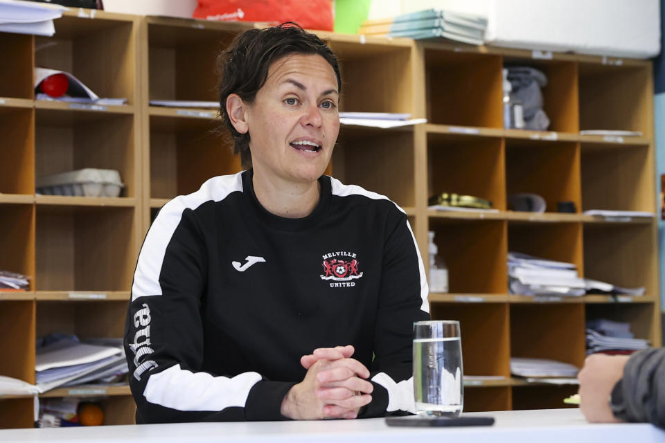 Soccer coach Tarena Ranui describes the importance of Maori representation in sports at Ngaruawahia High School in Ngaruawahia, New Zealand, Monday, July 24, 2023. Ranui, a Maori youth coach, is among those leading the charge to change the landscape of soccer in New Zealand. (AP Photo/Juan Mendez)