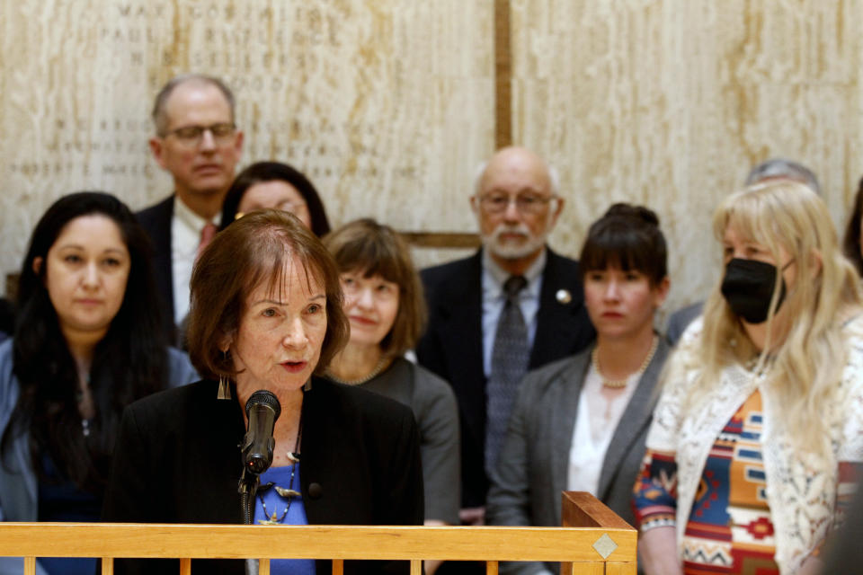 Democratic state Senate President Pro Tempore Mimi Stewart of Albuquerque speaks about stalled efforts to ensure paid family and medical leave at a news conference in the state Capitol building in Santa Fe, N.M., on Thursday, March 16, 2023. (AP Photo/Morgan Lee)