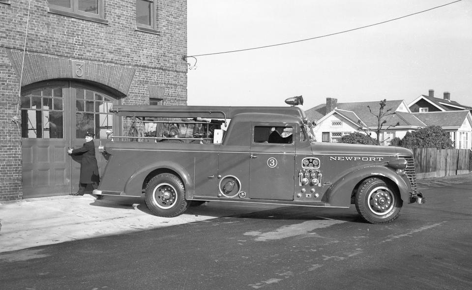 A Newport fire truck leaves Station No. 3, which was located on Coggeshall Avenue, in this photo from March 14, 1953.