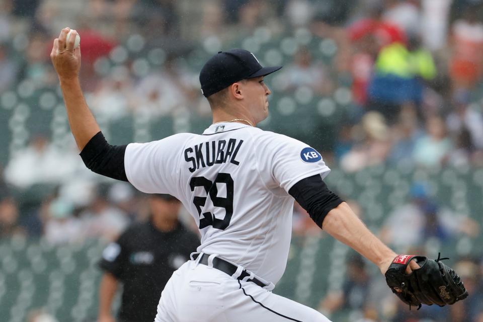 Tigers starting pitcher Tarik Skubal (29) pitches in the first inning July 27, 2022 against the Padres at Comerica Park.