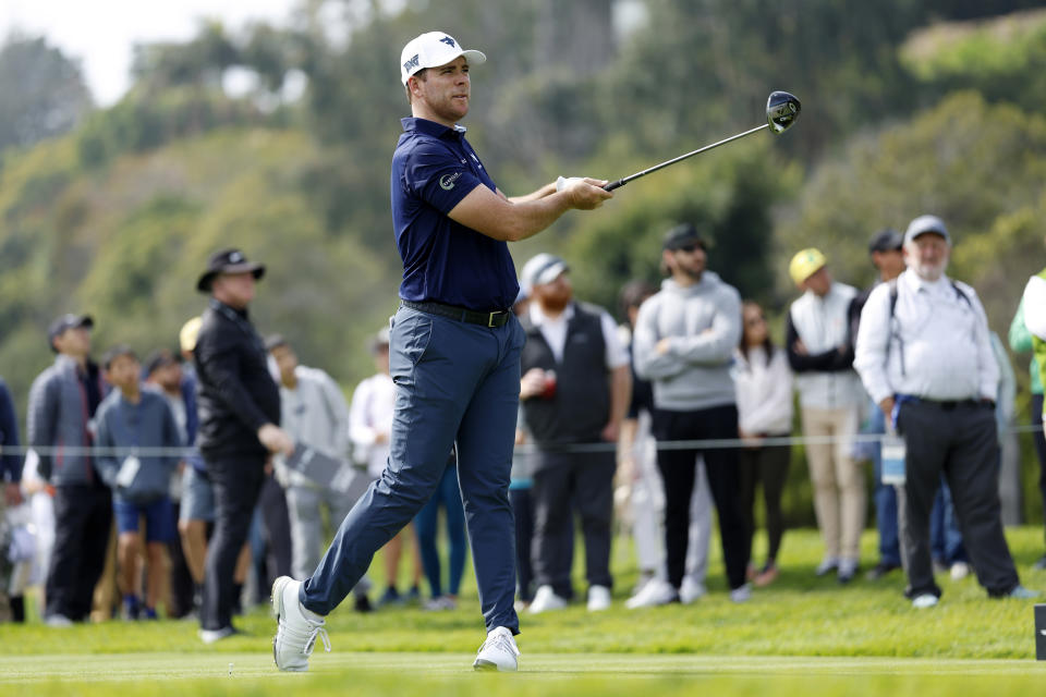 Luke List tees off on the 18th hole during the second round of the Genesis Invitational golf tournament at Riviera Country Club Friday, Feb. 16, 2024, in the Pacific Palisades area of Los Angeles. (AP Photo/Ryan Kang)