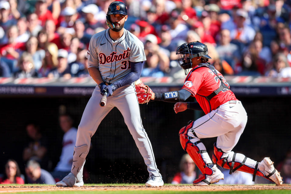 CLEVELAND, OH – OCTOBER 5: Detroit Tigers left fielder Riley Greene (31) is tagged out by Cleveland Guardians catcher Bo Naylor (23) after pitching during the sixth inning of Major League Baseball ALDS Game 1 between the Detroit Tigers and the Cleveland Guardians on October 5, 2024 at Progressive Field in Cleveland, OH. (Photo by Frank Jansky/Icon Sportswire via Getty Images)