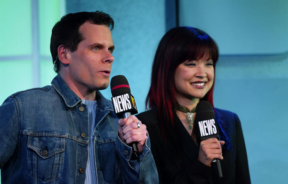 John Norris and Suchin Pak during the TRL 1000th episode celebration at the MTV Studios in Times Square, New York City. 10 23 2002.