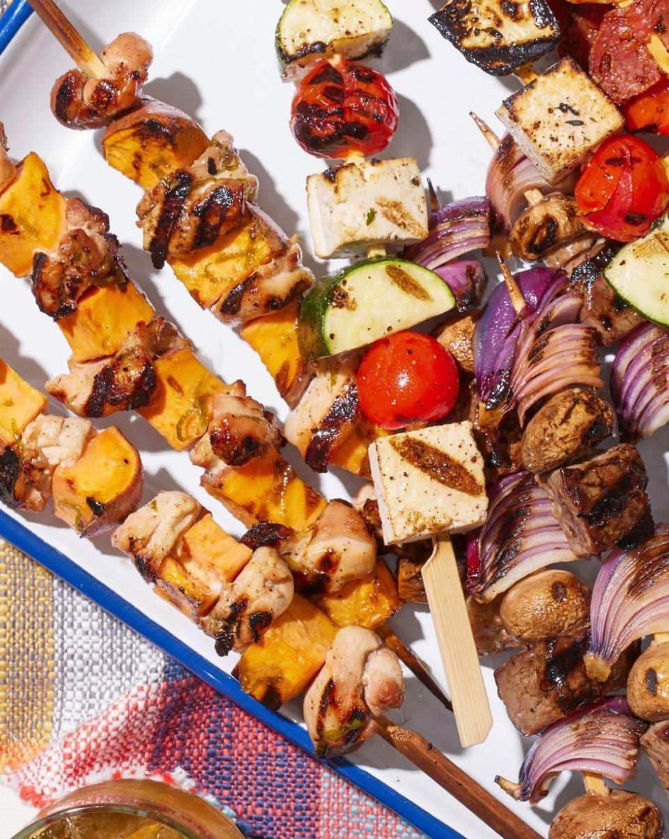 <p>Sweet potatoes are a fantastic addition to grilling, where they pick up a delicious smokiness and char. </p><p><strong><a href="https://www.countryliving.com/food-drinks/a36742999/chicken-and-sweet-potato-kebabs-recipe/" rel="nofollow noopener" target="_blank" data-ylk="slk:Get the recipe for Chicken and Sweet Potato Kebabs;elm:context_link;itc:0;sec:content-canvas" class="link ">Get the recipe for Chicken and Sweet Potato Kebabs</a>.</strong></p>