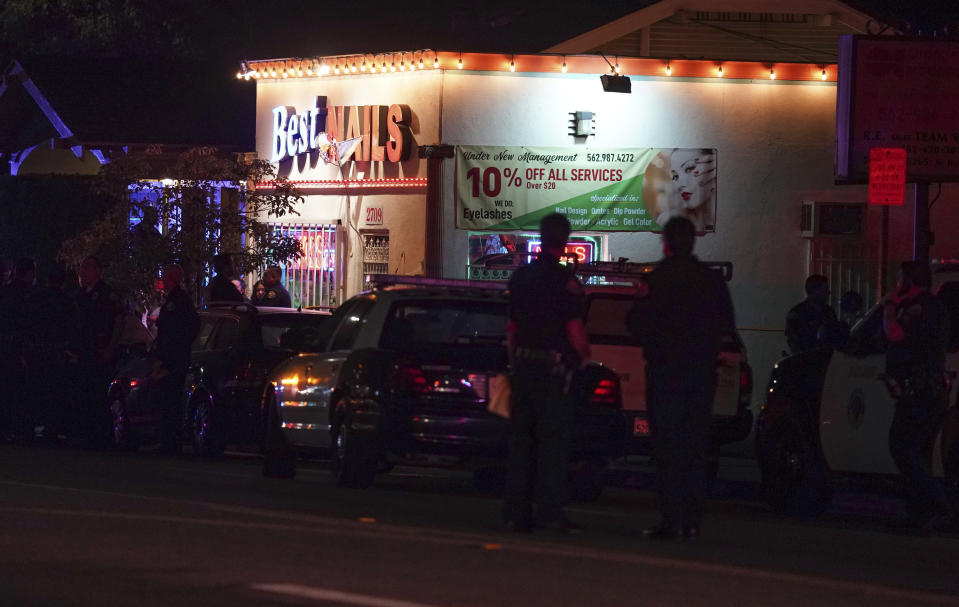 Police investigate the scene of a shooting in Long Beach on Wednesday, Oct. 30, 2019. The shooting happened in a backyard of a home behind a nail salon. (Scott Varley/The Orange County Register via AP)