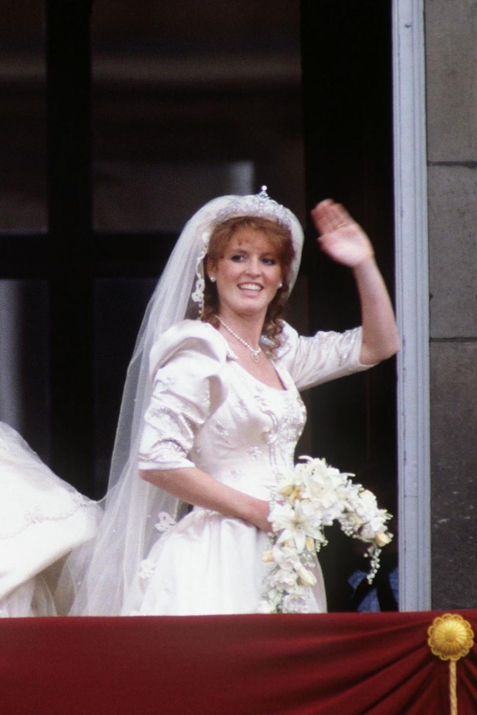 <p><strong>Wedding date: </strong>July 23, 1986</p><p><strong>Wedding tiara:</strong> Sarah wore a diamond and platinum tiara for her wedding to <a href="https://www.townandcountrymag.com/society/tradition/a12838338/prince-andrew-facts/" rel="nofollow noopener" target="_blank" data-ylk="slk:Prince Andrew, the Queen's second son.;elm:context_link;itc:0;sec:content-canvas" class="link ">Prince Andrew, the Queen's second son.</a> The tiara, which is often called the York Diamond Tiara, was purchased by the Queen and Duke of Edinburgh from Garrard. <a href="http://orderofsplendor.blogspot.co.uk/2016/07/tiara-thursday-york-diamond-tiara.html" rel="nofollow noopener" target="_blank" data-ylk="slk:It is part of a;elm:context_link;itc:0;sec:content-canvas" class="link ">It is part of a</a> necklace, earring, and bracelet set given to Sarah by the Queen and Prince Philip as a wedding gift. </p>