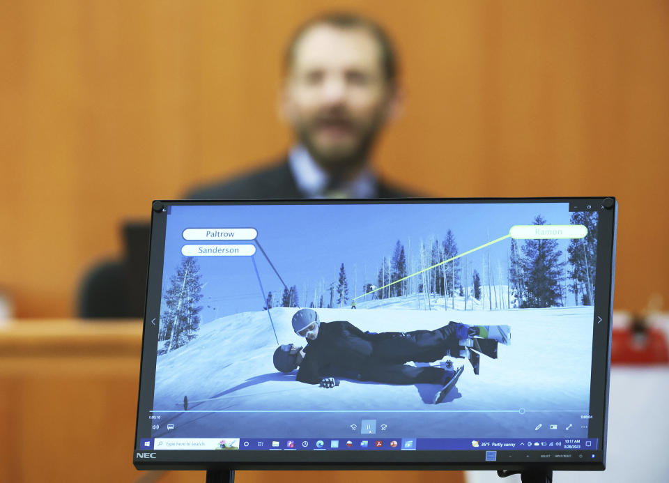 Dr. Irving Scher shows an accident simulation during testimony in Gwyneth Paltrow's trial, Tuesday, March 28, 2023, in Park City, Utah. Paltrow is accused in a lawsuit of crashing into a skier during a 2016 family ski vacation, leaving him with brain damage and four broken ribs. (Jeffrey D. Allred/The Deseret News via AP, Pool)