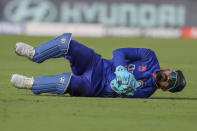 India's wicketkeeper KL Rahul dive to stop the ball during the second one-day international cricket match between India and Australia, in Visakhapatnam, India, Sunday, March 19, 2023. (AP Photo/Surjeet Yadav)