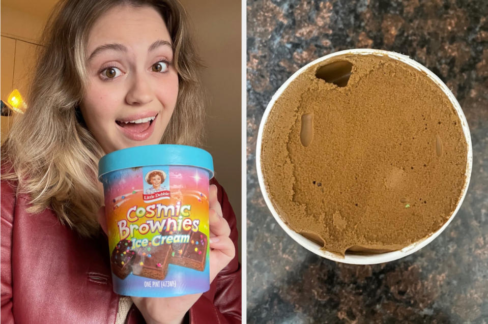 woman holding ice cream next to the open pint