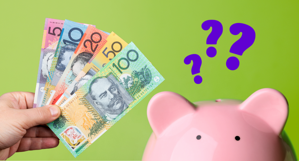 Image of Australian money, piggy bank and question marks. Saving money concept.