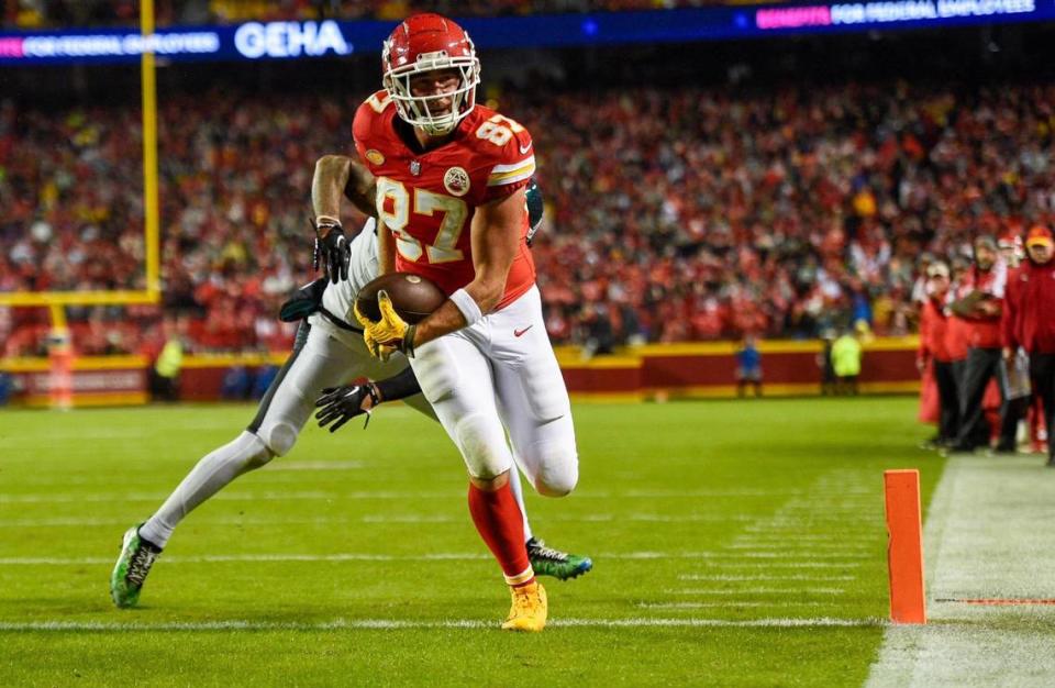 After catching a pass from Kansas City Chiefs quarterback Patrick Mahomes, tight end Travis Kelce got past a Philadelphia Eagles defender to score a touchdown in the first half of the game Monday at GEHA Field at Arrowhead Stadium. But the Chiefs ended up losing.