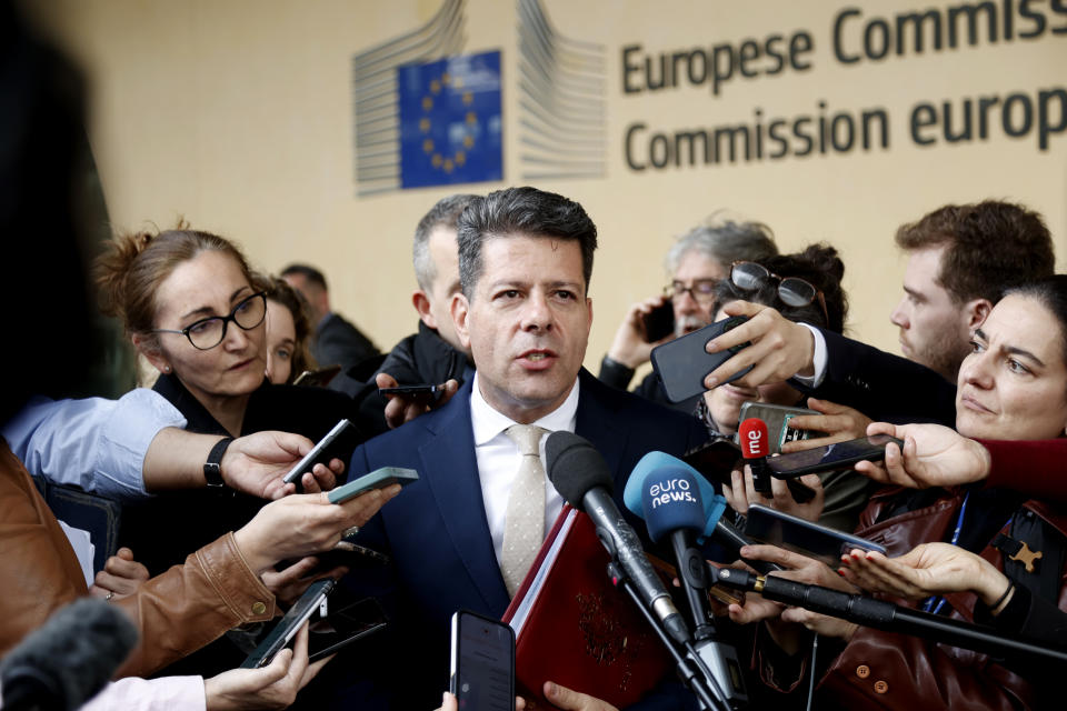 Gibraltar Chief Minister Fabian Picardo speaks with the media outside EU headquarters in Brussels, Friday, April 12, 2024. British and Spanish foreign ministers are scheduled to meet Friday with a top European Commission official for another round of negotiations over the status of the disputed territory of Gibraltar following Britain's exit from the European Union. (AP Photo/Omar Havana)