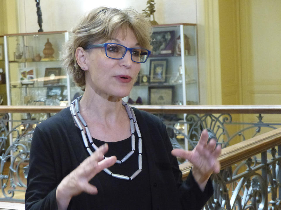 Agnes Callamard, the U.N. special rapporteur for extrajudicial, summary and arbitrary executions, speaks to reporters at the U.N. human rights office in Geneva on Wednesday, June 19, after releasing her report into the killing of Saudi journalist Jamal Khashoggi. (AP Photo/Jamey Keaten)