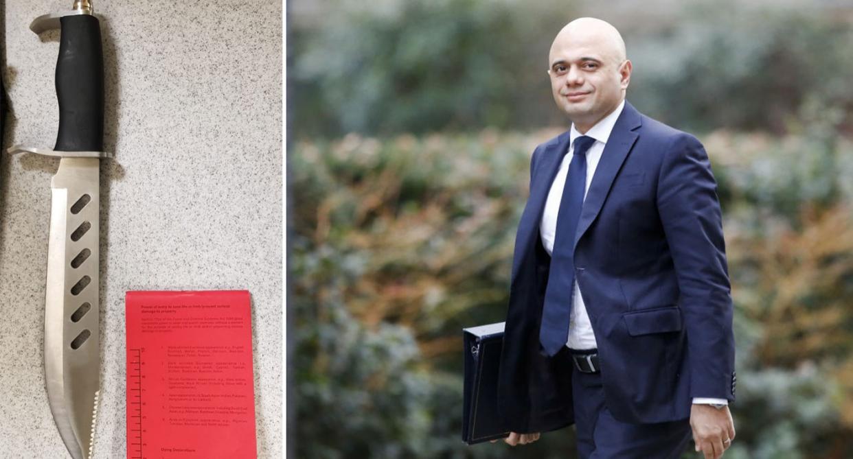 Sajid Javid’s new measures to stop ‘nasty knives’ such as the one shown above (L) are ‘impossible to implement’ (TWITTER/GETTY)