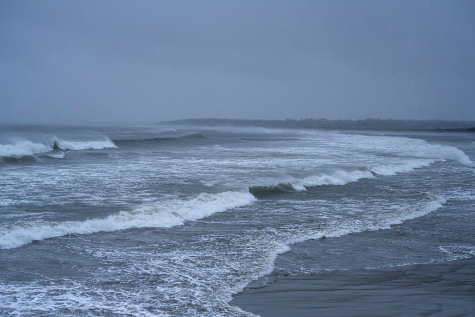 Waves at Port Maitland Beach crash as post-tropical cyclone Lee approaches in Port Maitland, Nova Scotia, Canada, on Saturday, Sept. 16, 2023. (Bill Curry/The Canadian Press via AP)