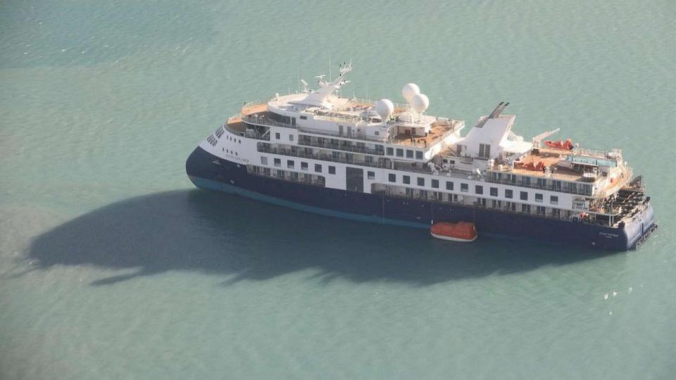 PHOTO: View of the Ocean Explorer, a luxury cruise ship carrying 206 people that ran aground, in Alpefjord, Greenland, Sept. 12, 2023. (Danish Air Force/arctic Command/via Reuters)