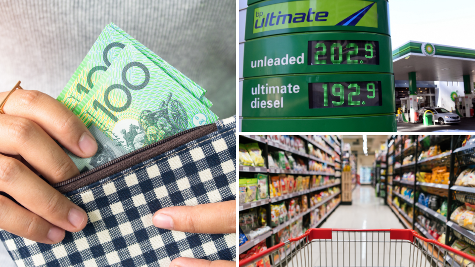 Budget 2022: A person removing cash from a wallet, a price sign at an Australian petrol station and a shopping trolly in an aisle of a supermarket.