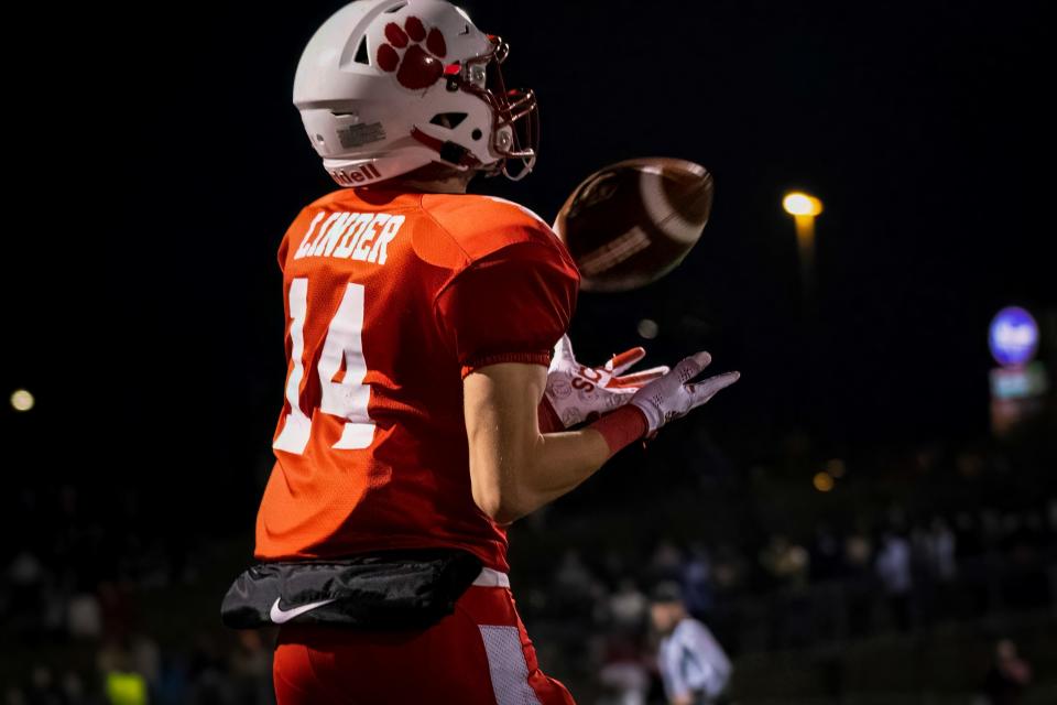 Talon Linder of Beechwood hauls in the touchdown reception in the KHSAA Class 2A state semifinal between Lloyd Memorial and Beechwood high schools Friday, Nov. 25, 2022.