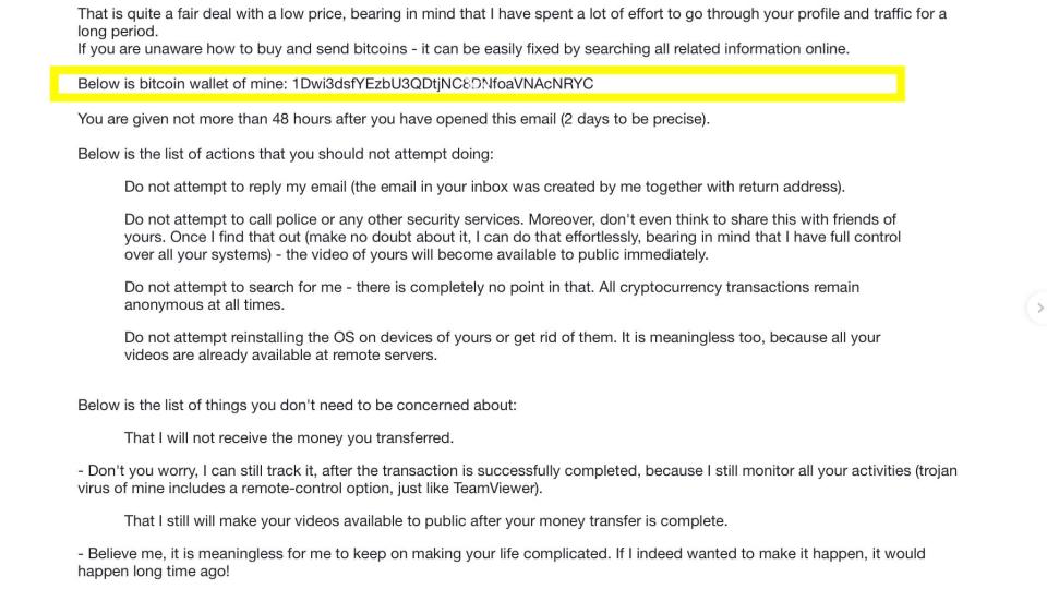 This email scammer claimed to have compromising video of the recipient and demanded a bitcoin payment, warning the recipient not to call the police or ask others if it might be fraud.