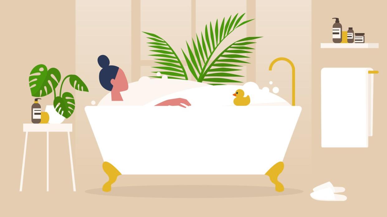 interior design, young female character washing in a clawfoot vintage bathtub full of soap foam, relaxation and body treatment