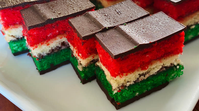 Italian rainbow cookies on plate