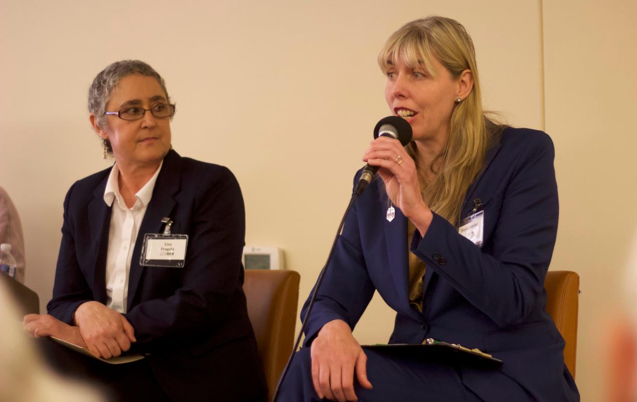 Candidates of the Oregon Representative District 8 Democratic primary election Lisa Fragala, left, and Doyle Canning pictured during a forum held by the City Club of Eugene on Friday, April 19. 2024.