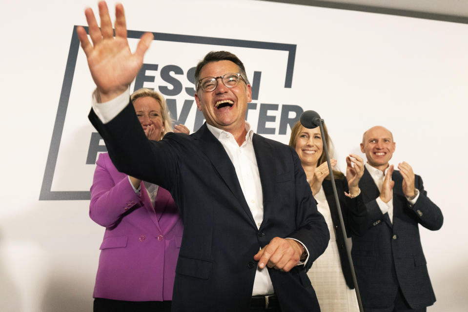 Boris Rhein, top candidate of the CDU and Minister President of Hesse,is celebrated by his supporters at the CDU election party, in Wiesbaden, Germany, Sunday, Oct. 8, 2023. Germany's center-right opposition was set to win two state elections on Sunday at the halfway mark of Chancellor Olaf Scholz's unpopular national government, according to exit polls, which showed gains for a far-right party. (Lando Hass/dpa via AP)