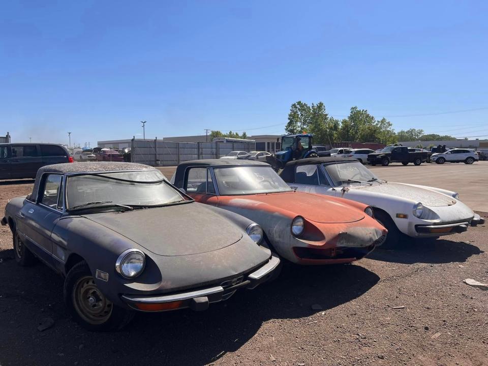 A series of historic Alfa Romeos in a junkyard