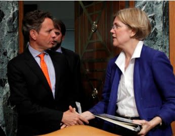 Tim Geithner greets Elizabeth Warren in June 2010.