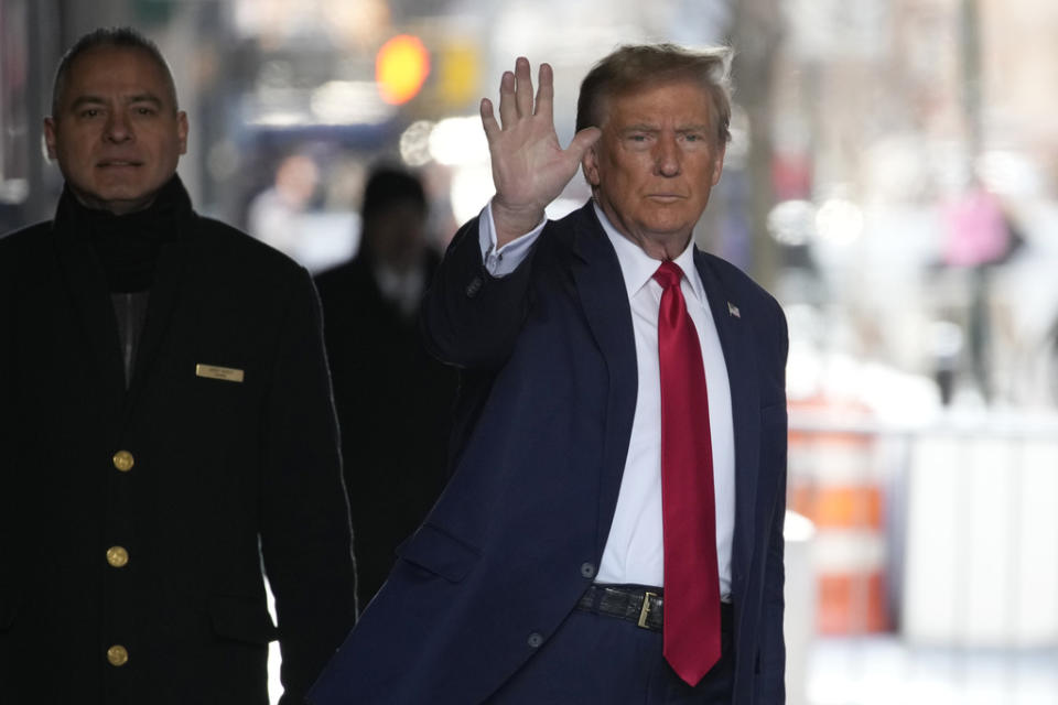 Former President Donald Trump leaves Trump Tower in New York on Thursday, Feb. 15, 2024. Trump is expected in court for an important hearing in his New York hush-money criminal case. (AP Photo/Bryan Woolston)