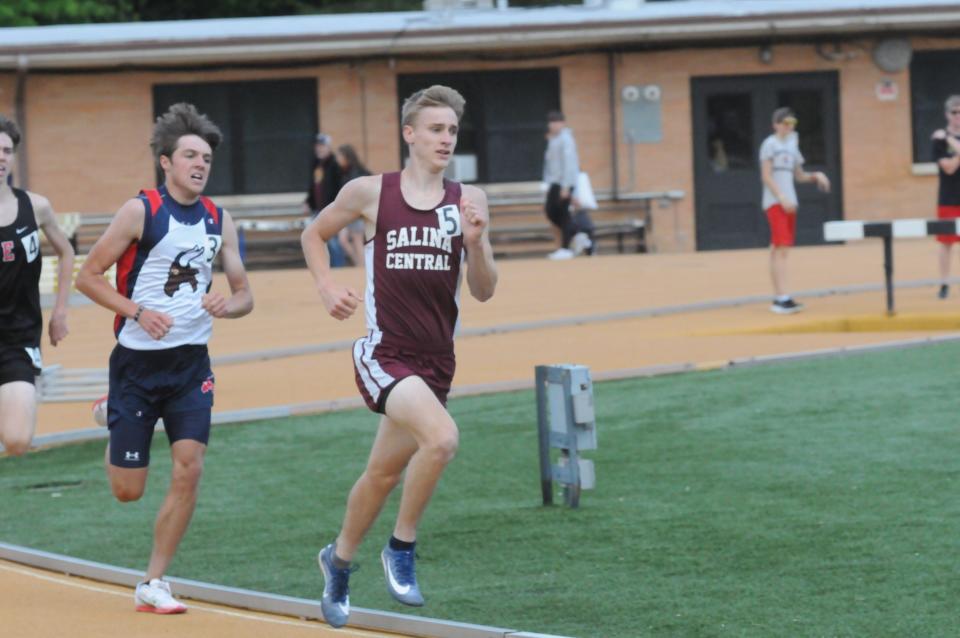 Salina Central's William Griffith leads the pack during the Class 5A regional No. 6 meet Friday, May 20, 2022 at Welch Stadium.