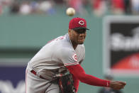 Cincinnati Reds' Hunter Greene delivers a pitch to a Boston Red Sox batter during the first inning of a baseball game Thursday, June 1, 2023, in Boston. (AP Photo/Steven Senne)