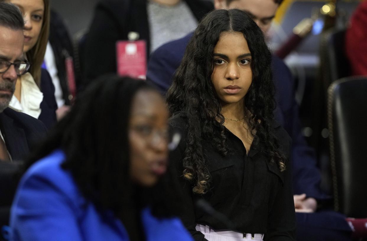 Leila Jackson, daughter of U.S. Supreme Court nominee Judge Ketanji Brown Jackson, listens as her mother testifies during her confirmation hearing before the Senate Judiciary Committee in the Hart Senate Office Building on Capitol Hill on March 23, 2022, in Washington, DC.