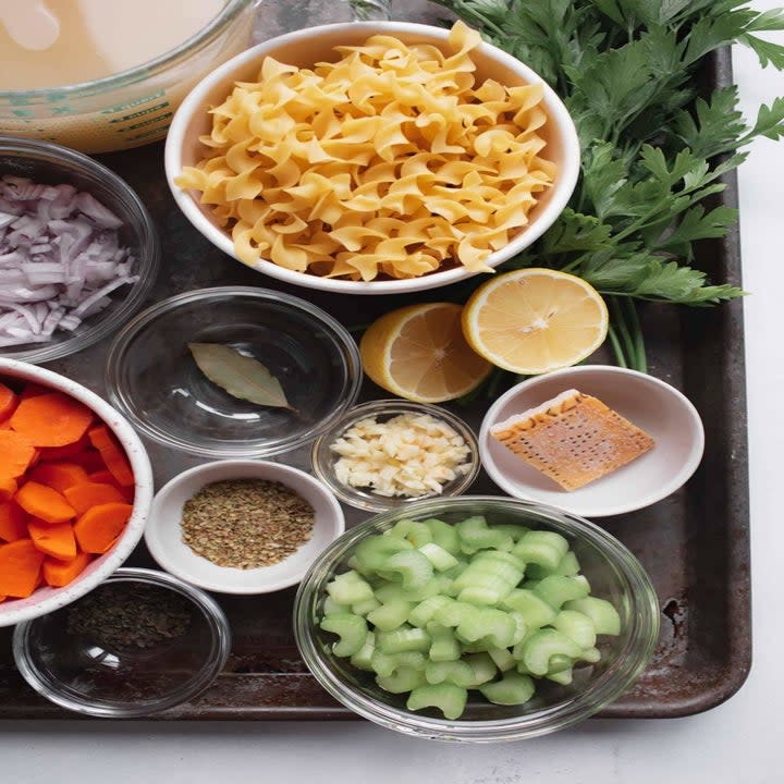 Ingredients for chicken noodle soup.