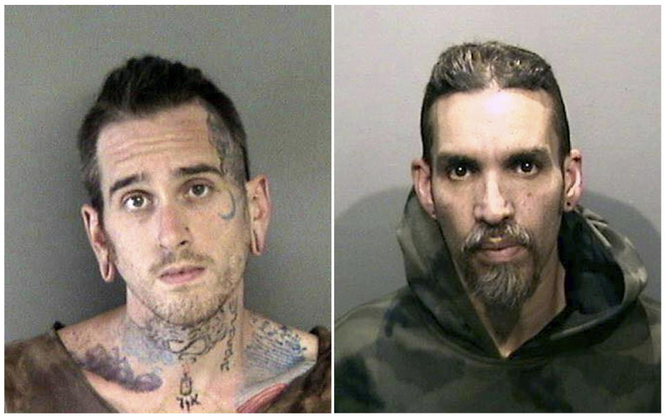 FILE - This combination of June 2017 file booking photos provided by the Alameda County Sheriff's Office shows Max Harris, left, and Derick Almena, at Santa Rita Jail in Alameda County, Calif. A judge will hear a motion asking the court to uphold a plea bargain that was reached with the two men accused of being responsible for a warehouse fire that killed two dozen people at an unlicensed party. (Alameda County Sheriff's Office via AP, File)