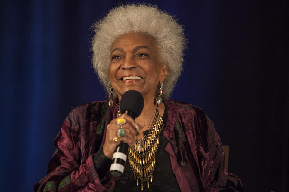 FILE - Actor Nichelle Nichols speaks during the Creation Entertainment's Official Star Trek Convention at The Westin O'Hare in Rosemont, Ill., Sunday, June 8, 2014. Nichols, who gained fame as Lt. Ntoya Uhura on the original "Star Trek" television series, died Saturday, July 30, 2022, her family said. She was 89. (Photo by Barry Brecheisen/Invision/AP, File)