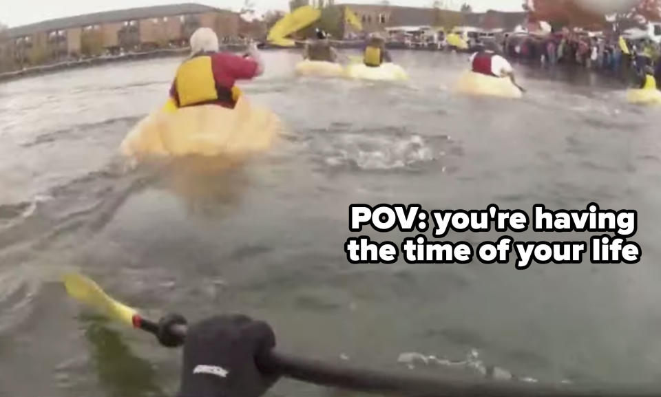 a point of view of someone racing pumpkins, with caption: POV - you're having the time of your life