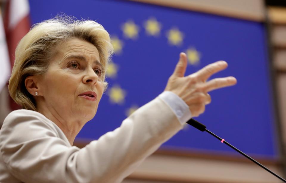 European Commission President Ursula Von Der Leyen speaks during a debate on the next EU council and last Brexit devlopement during a plenary session at the European Parliament in Brussels on November 25, 2020. (Photo by Olivier HOSLET / POOL / AFP) (Photo by OLIVIER HOSLET/POOL/AFP via Getty Images)