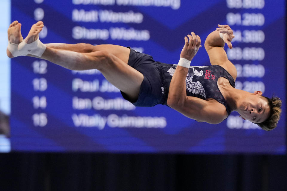 Yul Moldauer competes in the floor exercise during the men's U.S. Olympic Gymnastics Trials Saturday, June 26, 2021, in St. Louis. (AP Photo/Jeff Roberson)