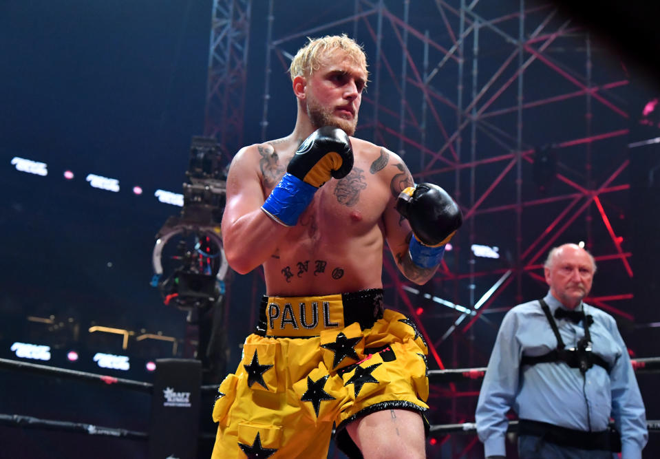 ATLANTA, GEORGIA - APRIL 17: Jake Paul fights Ben Askren in their cruiserweight bout during Triller Fight Club at Mercedes-Benz Stadium on April 17, 2021 in Atlanta, Georgia. (Photo by Jeff Kravitz/Getty Images for Triller)