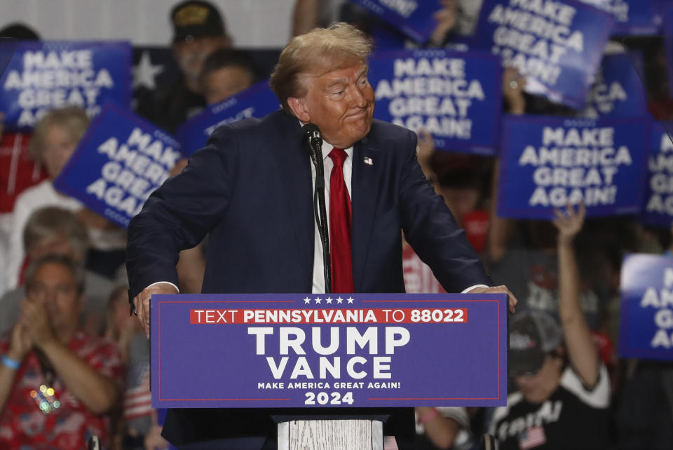 Republican presidential nominee former President Donald Trump speaks at a campaign rally at Bayfront Convention Center in Erie, Pa., Sunday, Sept. 29, 2024. (AP Photo/Rebecca Droke)