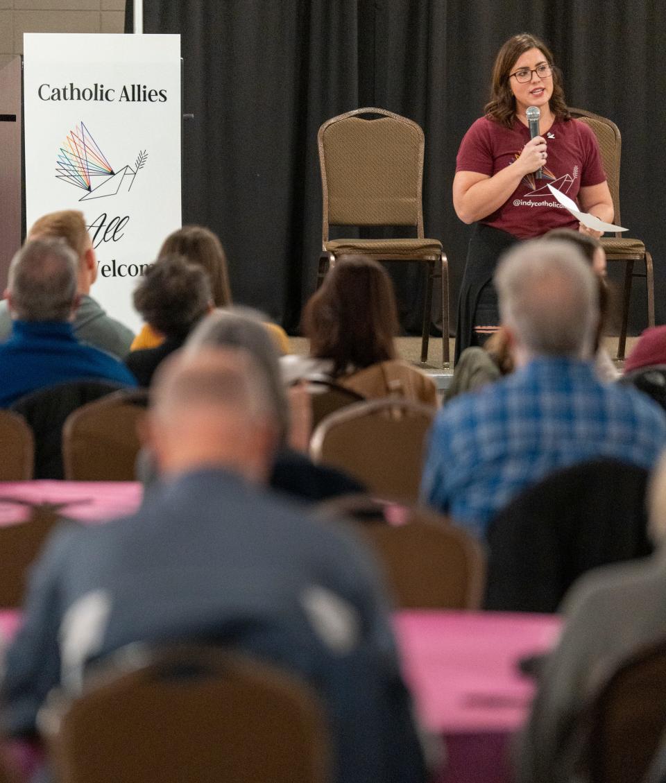 Organizer Kate Berry, makes introductions on Wednesday, Feb. 1, 2023, at an Indianapolis meeting for Catholic Allies, a new non-profit group of Catholics who seek to educate others about LGBTQ issues.